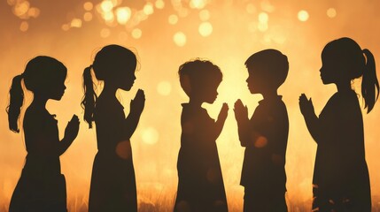 Silhouette back refugee kid group.Responsible.Kid child boy and girl worship.World kids day, Pray and worship, Hope, freedom, Diverse, Faith.World refugee day.Juneteenth kid.Friends.Potential unlock.