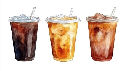 Watercolor of ice coffee in glass,americano coffee,iced cold brew coffee in plastic takeout cup,Ice latte,Drink element,menu Hot and cold coffee beverage,promotion, marketing, banner.