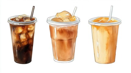 Watercolor of ice coffee in glass,americano coffee,iced cold brew coffee in plastic takeout cup,Ice latte,Drink element,menu Hot and cold coffee beverage,promotion, marketing, banner.
