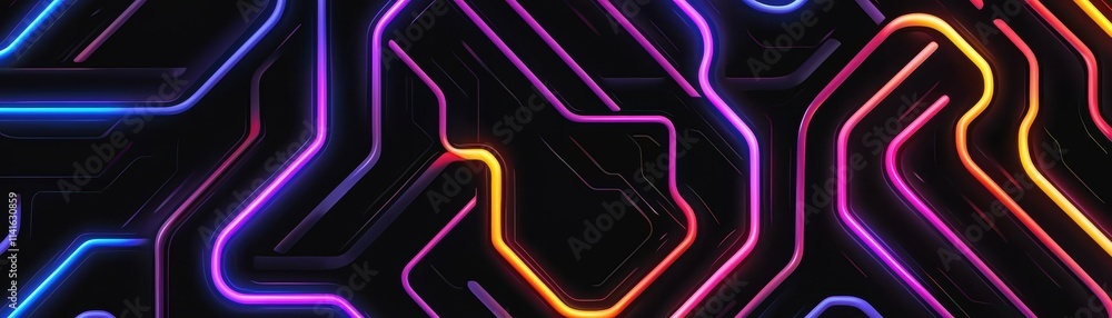 Poster tech-inspired seamless design of glowing grids, abstract waves, and futuristic robotic components