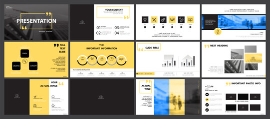 Business presentation design yellow and blue, infographic elements on white background. Buildings and construction of people in the city web design, marketing, powerpoint, business project. Vector