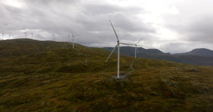Aerial view of wind turbines at the wind farm in Sortland municipality, Nordland beautiful landscape