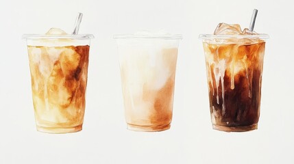 Watercolor of ice coffee in glass,americano coffee,iced cold brew coffee in plastic takeout cup,Ice latte,Drink element,menu Hot and cold coffee beverage,promotion, marketing, banner.