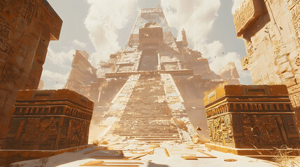 Ancient Pyramid Ruins Illustration: Sunlit Stone Staircase