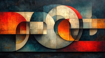Abstract geometric painting, warm and cool tones.
