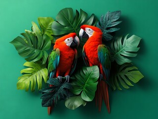 Two red parrots sitting on top of a green leafy plant