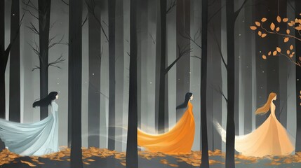 Three ethereal women in flowing dresses wander through a dark, enchanted forest filled with autumn leaves.