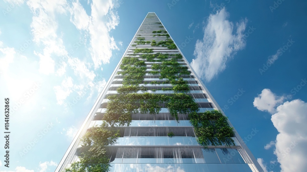 Poster low-angle view of a modern skyscraper with vertical greenery.