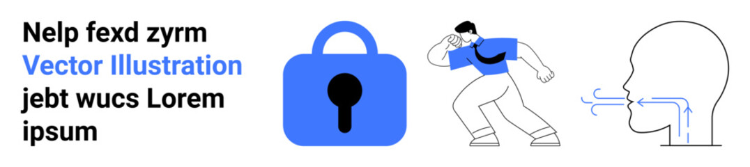 Lock icon symbolizes security, man with magnifying glass represents investigation, head and lines depict communication. Ideal for cybersecurity, data protection, privacy awareness, investigation