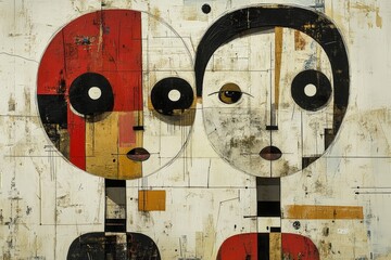 Abstract painting featuring two stylized figures with bold colors and geometric shapes, evoking a sense of connection and curiosity.
