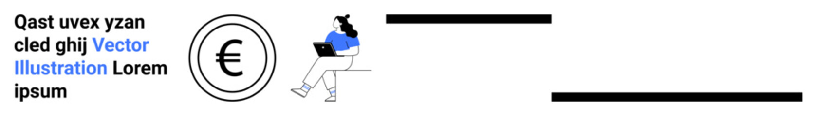 Young woman sitting and working on a laptop beside a Euro currency symbol and a banner with text. Ideal for finance, economics, technology, work-from-home, currency exchange, banking, and digital