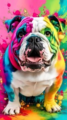 A cheerful bulldog crafted with alcohol inks in fuchsia, blue, and yellow hues. 