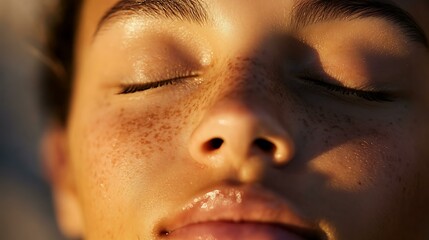A close-up of a person&acirc;&euro;&trade;s face with closed eyes, meditating peacefully in a calm and natural setting