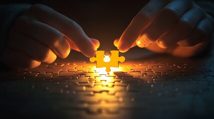 A close-up of hands carefully placing a piece into a nearly completed jigsaw puzzle under a lamp's glow
