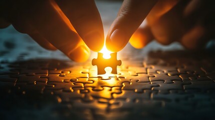 A close-up of hands carefully placing a piece into a nearly completed jigsaw puzzle under a lamp's glow