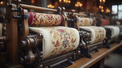 Antique wooden looms weaving ornate carpets.