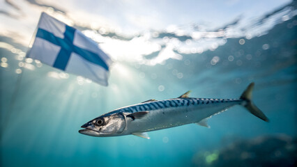 Mackerel underwater against the background of the Finnish flag, the country's symbol