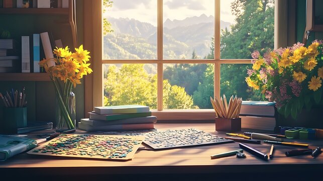 A creative workspace with a puzzle in progress, pencils, and books on a tidy desk near a window with a scenic view