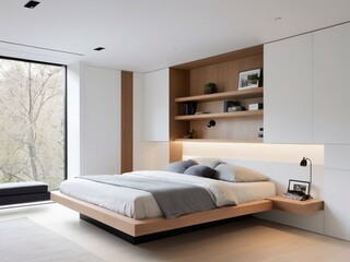 small minimalist bedroom with a floating bed and concealed storage