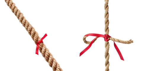 Long tug of war rope pulled tight, with red ribbon tie. Concept of conflict, competition, or rivalry. Generative AI.