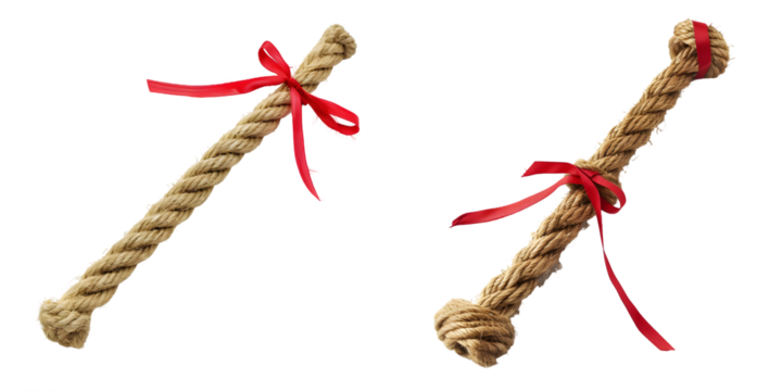 Long tug of war rope pulled tight, with red ribbon tie. Concept of conflict, competition, or rivalry. Generative AI.