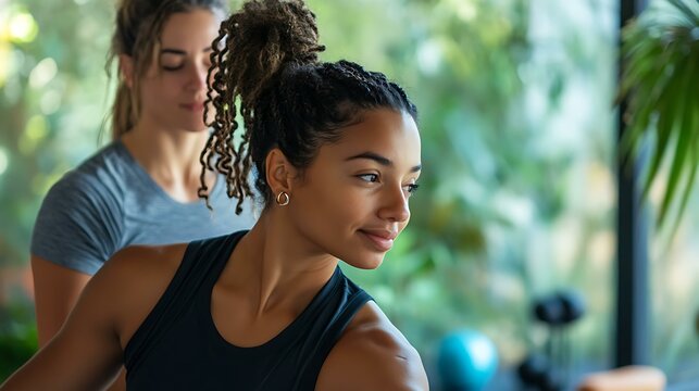 A trainer assisting a client in stretching after a rigorous workout in a serene studio