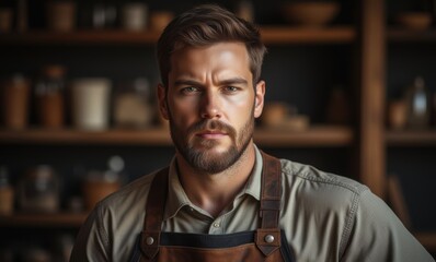 Serious Caucasian man in apron