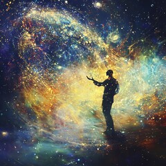 Cosmic Human Silhouette in Surreal Galaxy Universe with Glowing Lights