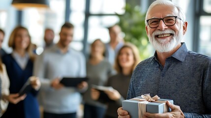 A retiree holding a gift box and smiling with gratitude while surrounded by coworkers in an office setting