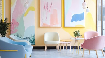 Pastel-colored waiting area with armchairs, small tables, and abstract art.