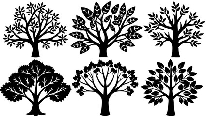 6 sets of Simple abstract trees with leaves and black silhouette illustrations isolated on a white background