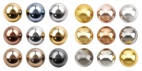 Metal Balls Gold Silver Bronze 3d Spheres isolated on a white background. Generative AI.
