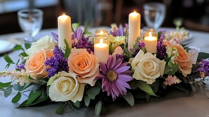 A table centerpiece with a retirement theme, featuring flowers, candles, and congratulatory messages