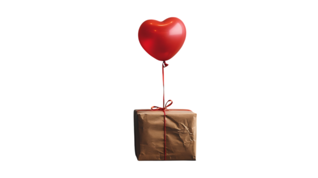 A red heart-shaped balloon floats above a matching red gift box against a white background.