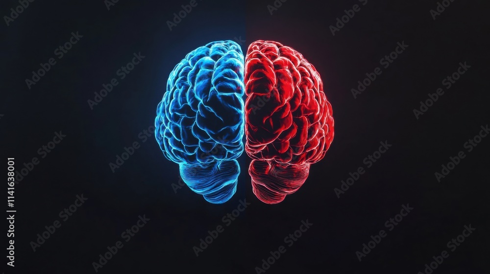 Poster a brain with a red and blue color scheme