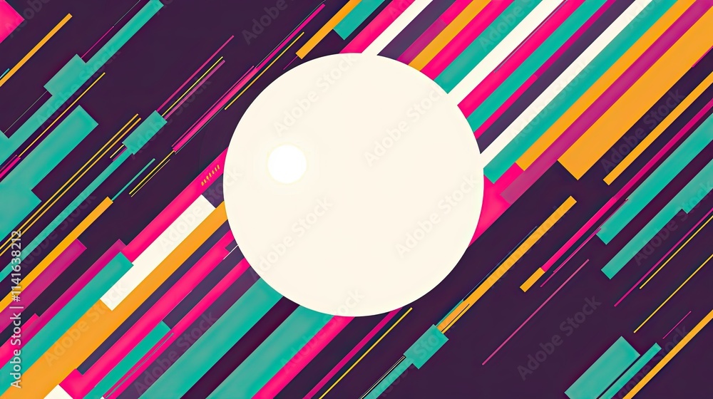 Poster abstract design featuring vibrant lines and a central circle against a dark background.