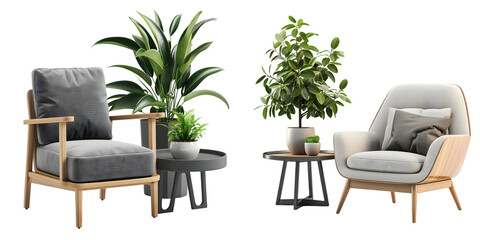 Modern armchair with table and plant pot, set of decor items furniture. Generative AI.
