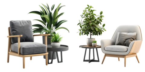 Modern armchair with table and plant pot, set of decor items furniture. Generative AI.