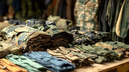 Stacked camouflage uniforms and folded military gear on a wooden shelf in a store setting.