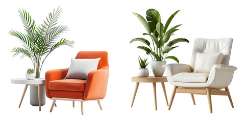 Modern armchair with table and plant pot, set of decor items furniture. Generative AI.