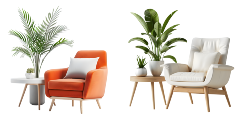 Modern armchair with table and plant pot, set of decor items furniture. Generative AI.