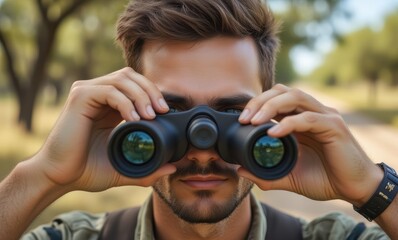 Young Caucasian man observing wildlife with binoculars