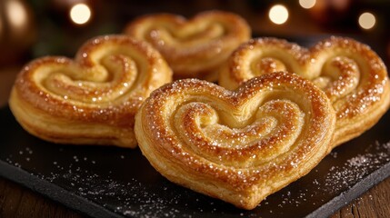 Deliciously Baked Heart-Shaped Pastries with a Sugary Glaze Perfect for Celebrations or Romantic Occasions on a Wooden Table Surrounded by Soft Lighting