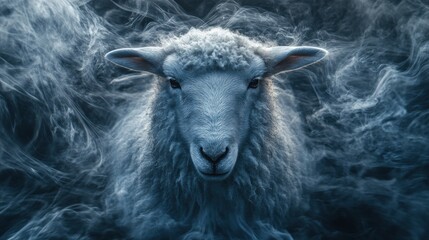 Fototapeta premium Ethereal Sheep Surrounded by Misty Smoke in a Dark Atmosphere, Captivating Portrait of a Lamb Amidst Mysterious and Dreamlike Background