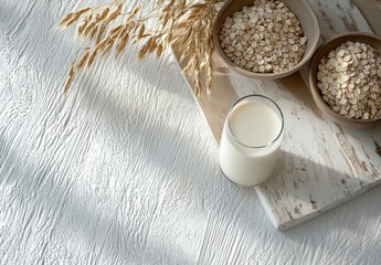 Fresh Organic Milk with Oats in Rustic Setting, Beautiful Natural Light, Minimalist Style, Healthy Living, Morning Breakfast Inspiration, Top View Photography