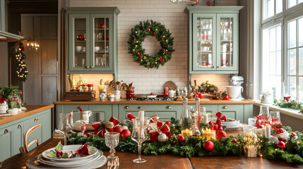 A beautifully decorated kitchen with holiday elements for Christmas dinner.