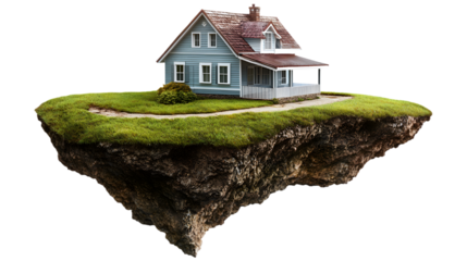 A house on a small piece of land floating in the air, isolated on a transparent background.