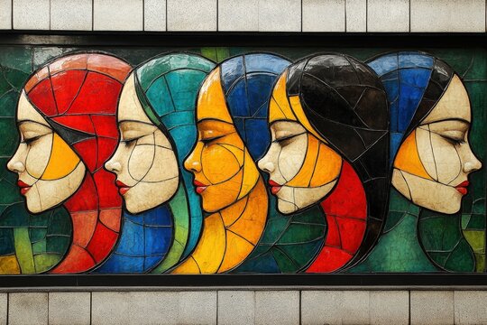 A vibrant stained glass mural depicting five women's profiles in bold colors, showcasing diverse hair colors and serene expressions.