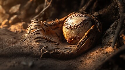 Worn baseball glove and ball nestled in sand, bathed in golden sunlight.