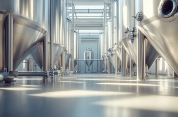 Industrial Brewery Interior with Stainless Steel Fermentation Tanks and Modern Equipment Designed for Craft Beer Production in a Bright Environment